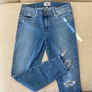 Paige light wash distressed skinny jeans